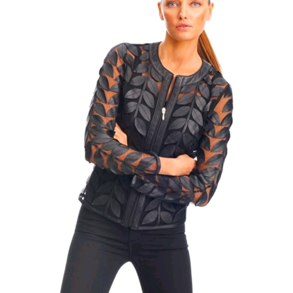 Neiman Marcus Jackets & Blazers - Black leather leaves and mesh jacket